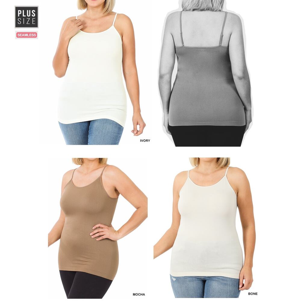 1X/2X Bone White Seamless Camisole with Adjustable Straps Plus Size Neutral - Picture 3 of 15